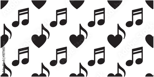Seamless pattern with music note and heart silhouette vector for romantic wallpaper design