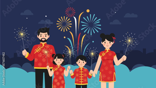 This flat design vector shows a joyful family, dressed in traditional attire, celebrating Lunar New Year outdoors with sparklers and fireworks. The modern illustration captures the festive spirit and 