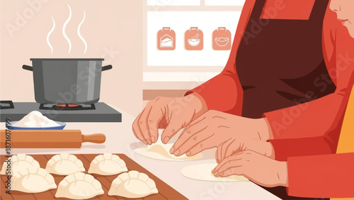 A tender flat design illustration of a grandmother and grandchild making traditional jiaozi (dumplings) for Lunar New Year, emphasizing family tradition. 