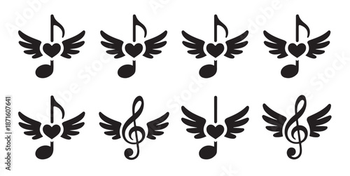 Musical notes with heart and wings symbols stylized abstract design