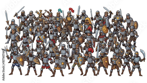 A large group of medieval warriors in armor and helmets, armed with swords and shields, standing together on a white background.