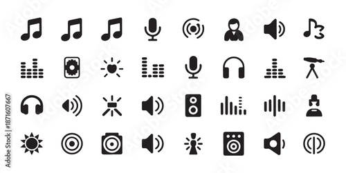 Sound and music icons microphone headphones speaker equalizer waves