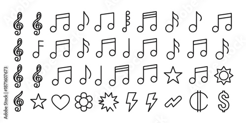 Music notes and symbols collection treble clef star heart shapes