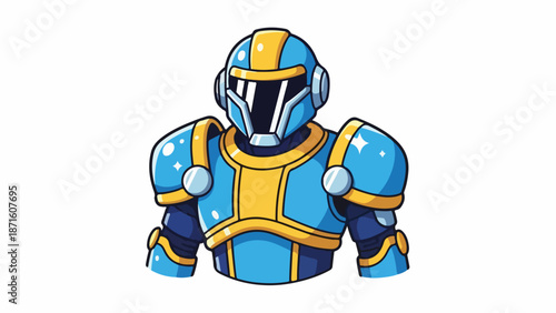 A blue and yellow cartoon robot wearing armor against a white background with a futuristic feel.