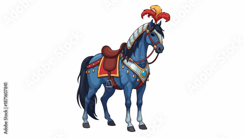 Illustration of a blue horse wearing a colorful jousting helmet and saddle against a white background.