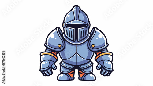 A cartoon knight in shiny blue armor with orange accents stands on a plain white background, wearing a helmet and gloves in a comic-style illustration with bold lines and bright colors.