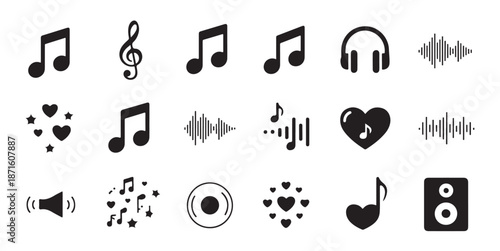 Simple music icons including notes headphones heart sound waves and speaker