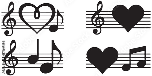 Musical notation symbols combined with heart shapes on five line staves