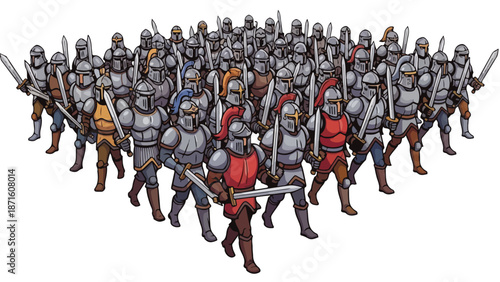 A group of medieval warriors in armor and helmets marching forward with swords and shields on a white background.