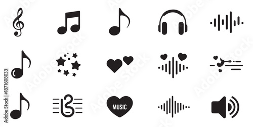 Set of music icons including notes, headphones, stars, hearts, sound waves and volume