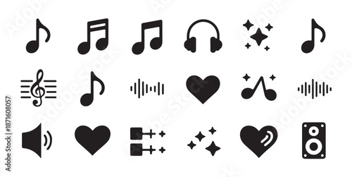 Collection of music and sound icons featuring notes, headphones, sparkles, hearts, and speakers