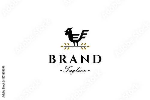 Farm logo with rooster and wheat icon in flat vector design style