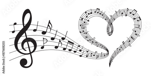 Treble clef music notes staff forming heart shape graphic design element for romantic background
