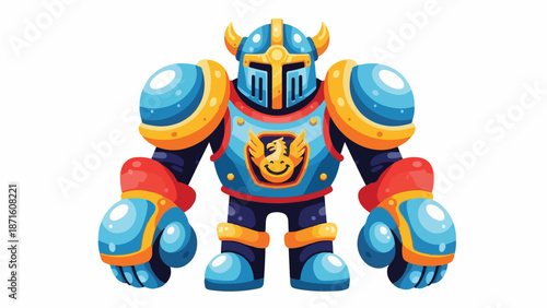 A colorful cartoon knight robot with blue, yellow, and red armor stands against a clean white background in a flat, 2D illustration style.