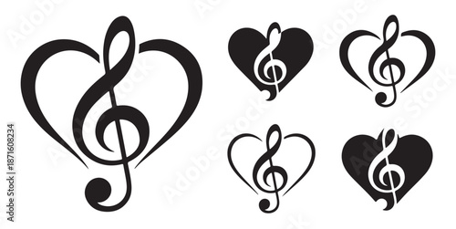 Music heart symbol variations set treble clef inside love shape graphic icons collection isolated