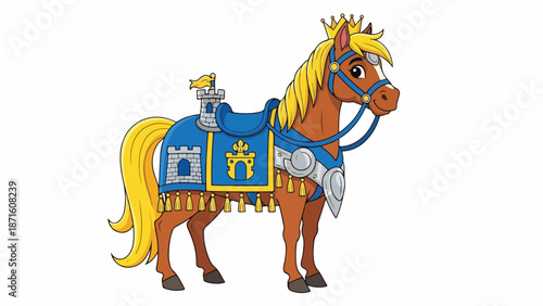 Illustration of a brown horse with yellow mane and tail wearing a blue and gold saddle blanket and armor standing on a plain white background.