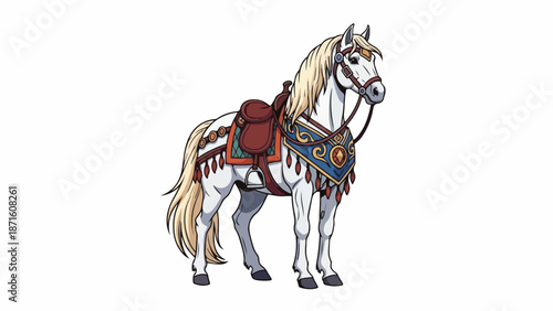 Illustration of a white horse with a blonde mane and tail, wearing a colorful saddle and bridle, standing against a plain white background.