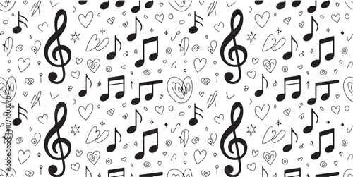 Seamless doodle pattern with music notes clefs and hand drawn hearts wallpaper background