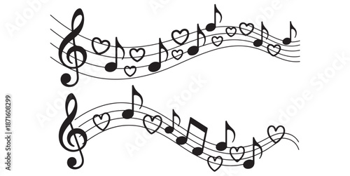 Romantic music staff with flowing notes and heart symbols for love song melody lines