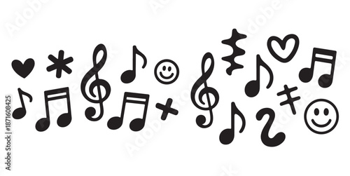 Assorted black music notes treble clef heart and smiley face vector icons