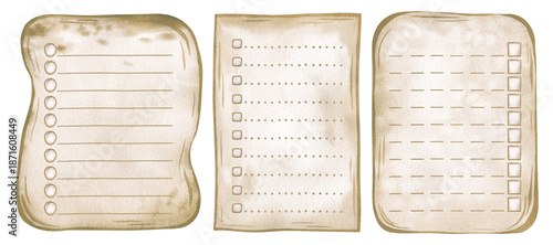 Set of to-do lists form with blank lines for writing and a checkbox for placing items. Collection of vertical frames with space for a shopping list and a checklist with a square for entering a number