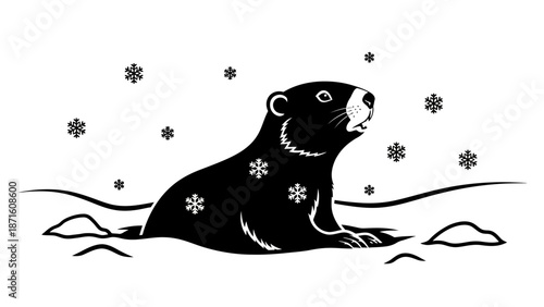 A black and white illustration of a groundhog emerging from the snow with snowflakes falling around it, depicting a winter scene.