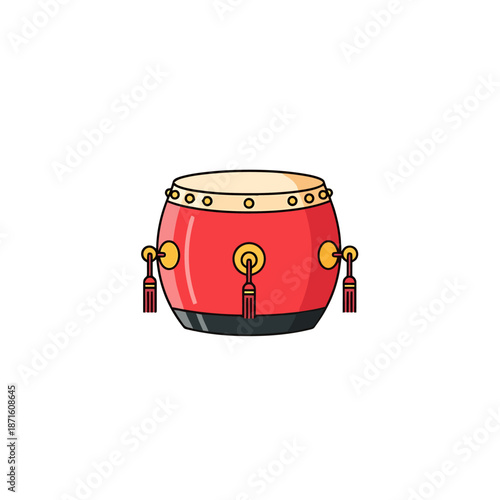 Traditional Red Percussion Instrument with Decorative Gold Accents and Hanging Tassels Isolated on White Background for Cultural Celebrations and