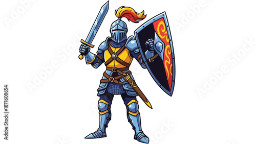 A cartoon knight in blue and gold armor holds a sword and shield against a white background with a bold and adventurous mood.