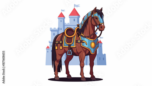Illustration of a brown horse with a blue and gold saddle standing in front of a castle.