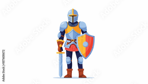 A cartoon knight in armor standing with a sword and shield on a white background with a bold and heroic mood.