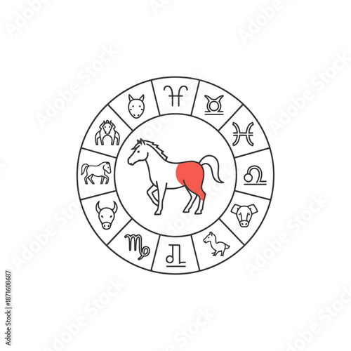 Centaur Constellation Symbol Horse Zodiac Wheel Featuring Celestial Symbols and Astrological Signs Creating Mystical Cosmic Artwork On White