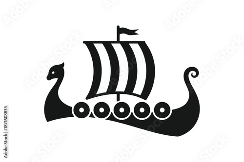 Viking ship silhouette with dragon head and striped sails
