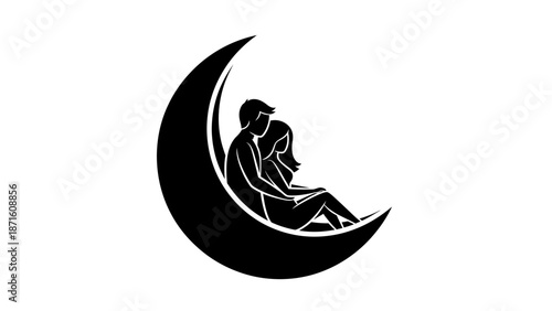 A romantic silhouette of a couple embracing on a crescent moon, symbolizing love and dreams.