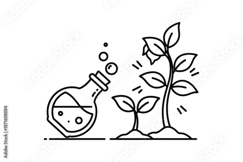 Silhouette of a beaker fertilizing a growing plant with bubbles and leaves