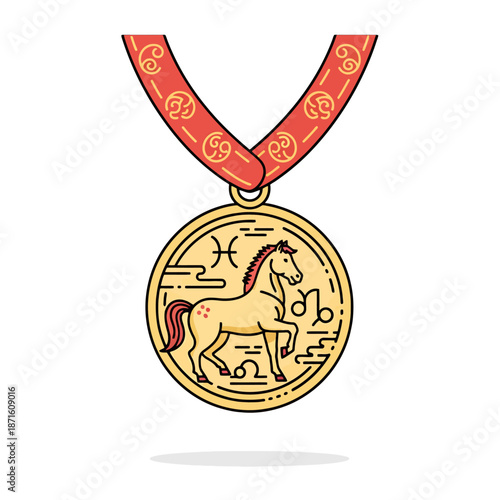 Golden Zodiac Horse Medal Award Trophy Design Featuring Celestial Horse Symbol and Astrology Signs on Red Ribbon