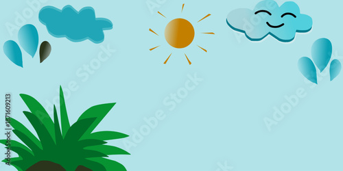 Blue background with sky and balloon decorations. Grass and sun as decorations. Premium wallpaper style for your design needs.