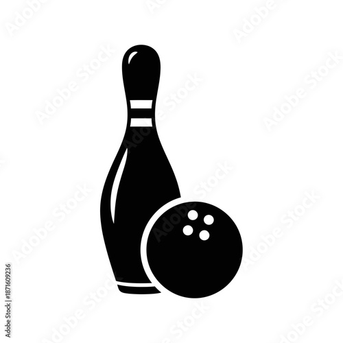 Bowling Pin and Ball Silhouette Vector Icon - Game Sport Black Shape on White Background - Minimalist Strike Symbol