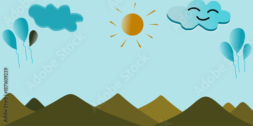 Blue background with sky and balloon decorations. Mountain and sun as decorations. Premium wallpaper style for your design needs.