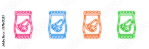 Neon glowing seeds bag vector icons set, agriculture, farming, gardening, planting, growth, vibrant colorful digital design illustration.