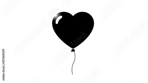 A black heart-shaped balloon floating gracefully against a clean white background, symbolizing love or celebration.