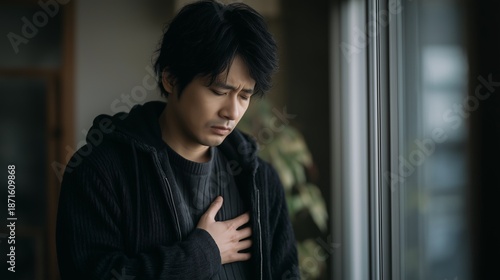 不安で胸を押さえる日本人男性