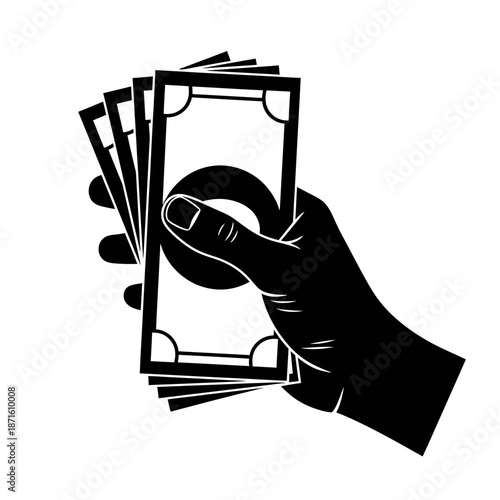 Hand Holding Cash Money Silhouette Vector Icon - Banknotes Pose Black Shape on White Background - Minimalist Pay Gesture