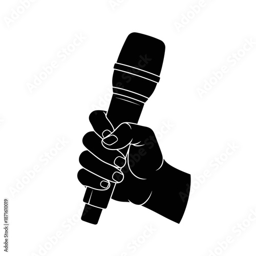 Hand Holding Microphone Silhouette Vector Icon - Speaking Pose Black Shape on White Background - Minimalist Audio Gesture