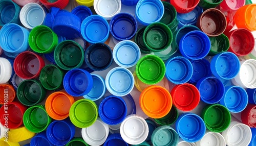 A vibrant and colorful collection of assorted plastic bottle caps, ideal for recycling and craft projects