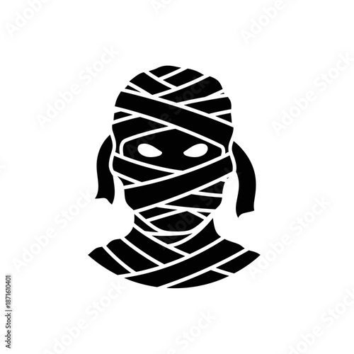 Mummy Head Silhouette Vector Icon - Wrapped Monster Face Black Shape on White Background - Minimalist Halloween Symbol