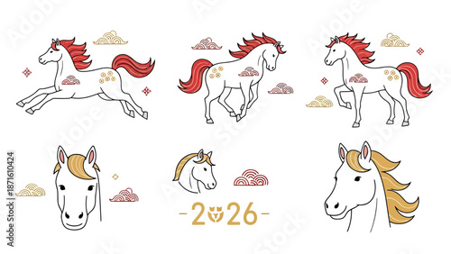 Set of Stylized Horse Illustrations in Various Poses with Traditional Cloud Motifs and Year 2026 Symbol Representing Good Fortune and a New Beginning