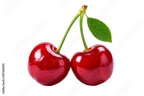 Wallpaper Mural Two Fresh Red Cherries with Stem and Leaf Torontodigital.ca