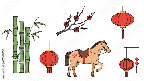 Traditional East Asian Symbols Including Bamboo Horse Lanterns and Blossoms for Festive Celebration Artwork