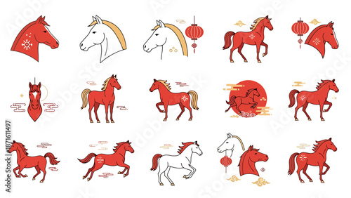 Collection of Stylized Equine Figures in Vibrant Red and Gold Tones with Traditional Asian Lunar New Year Decorative Elements