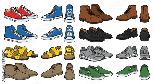 Collection of various types of footwear including sneakers, boots, sandals, and casual shoes